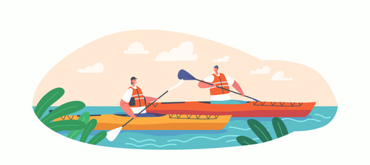 Team in Rowing Boat Rafting or Kayaking Sports Competition in Wild River. People Wearing Lifesavers Paddling in Canoe