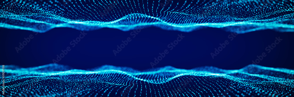 Poster 3d dynamic double digital wave. smart technology wave. flow digital structure. cyber technology back