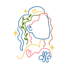 Colored outline vector illustration woman head, stars and flowers. Inspirational nature lover print design, holistic healing meditation, reiki new age concept art, modern female abstract