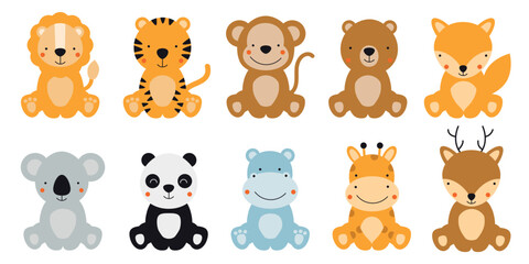 Set with cute animal monkey, giraffe, lion, tiger, panda, koala, fox and deer isolated on a white background Vector illustration for printing on fabric, wrapping paper, clothing. Cute baby background