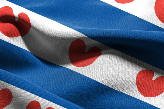 3D illustration flag of Friesland is a region of Netherlands. Waving on the wind