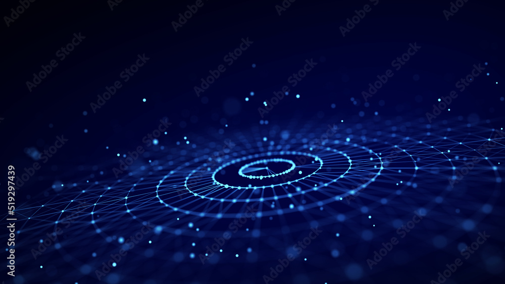 Poster abstract blue background of circular flow of particles. digital cyberspace. network connections stru
