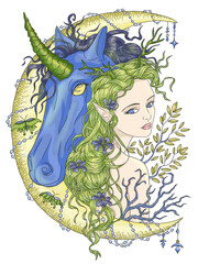 Colorful fantasy illustration with hand drawn beautiful fairy girl or princess and magic unicorn horse with moon isolated on white background, mystic or fable doodle and clip art 