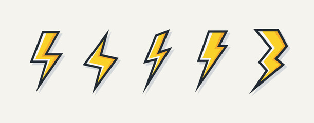 Vector electric lightning bolt logo set isolated on white background for electric power symbol, poster, t shirt. Thunder icon. Storm pictogram. Flash light sign. 10 eps