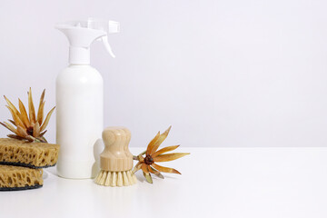  Zero waste cleaning product and dish washing brush, sponge on white background. Concept Eco-friendly, natural laundry, copyspace.