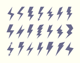 Set of lightning icons flat style isolated on white background for wireless charging, electricity power symbol, thunder logo, high voltage sign, poster, t shirt. Flash light sign. Vector 10 eps