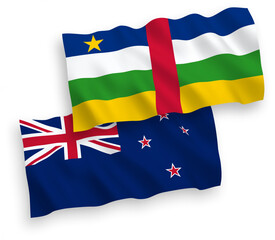 National vector fabric wave flags of New Zealand and Central African Republic isolated on white background. 1 to 2 proportion.