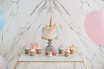 Cute unicorn cake for Birthday, holiday decoration © Lys Owl