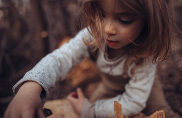 Close-up of little girl exploring nature outdoors in autumn forest.