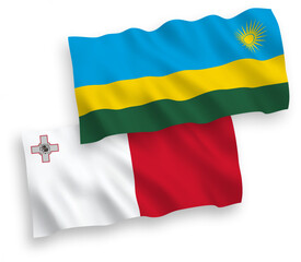 National vector fabric wave flags of Malta and Republic of Rwanda isolated on white background. 1 to 2 proportion.