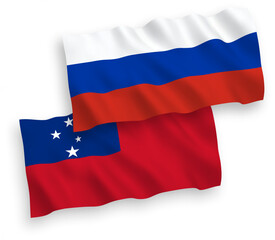 National vector fabric wave flags of Independent State of Samoa and Russia isolated on white background. 1 to 2 proportion.