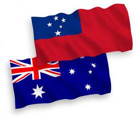 National vector fabric wave flags of Australia and Independent State of Samoa isolated on white background. 1 to 2 proportion.