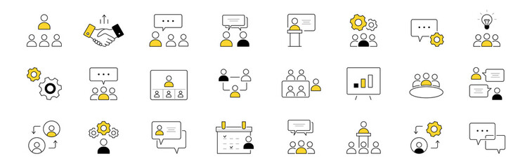 Set of doodle icons business meeting, conference, teamwork discussion, partnership, handshake. Speech bubbles, white board with chart, online communication isolated signs, Line art vector illustration