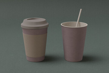 Coffee cup with paper straw isolated on a colored background in japandi style. Mockup, 3d rendering illustration. 