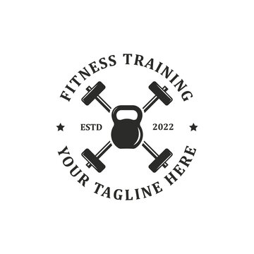 fitness training logo design badge vector with kettle bell and lighting vector illustration , best for fitness training logo brand template