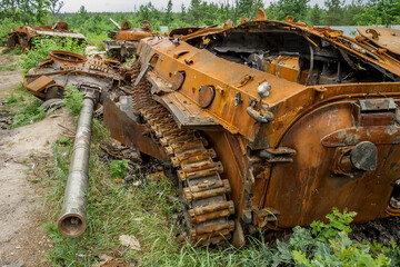 Broken russian tank, Military crisis, military intervention in Ukraine, russia invades Ukraine. .Ukraine is at war with russia. Destruction..