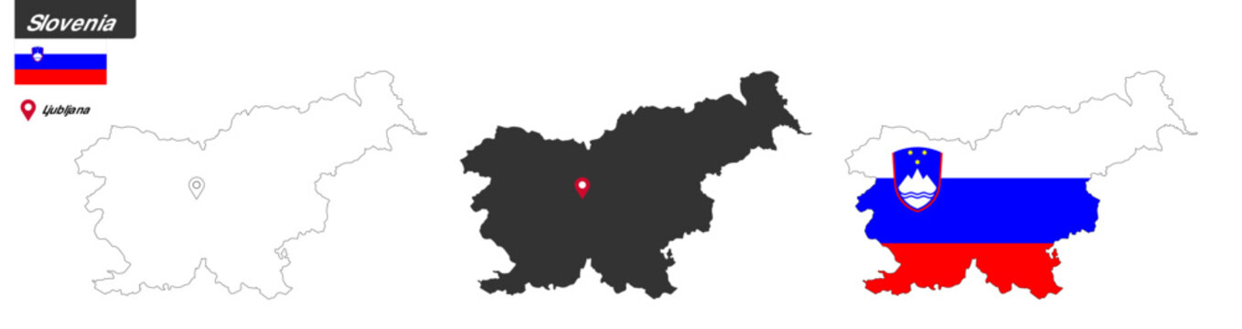 Map of Slovenia with capital city, flag and political borders.