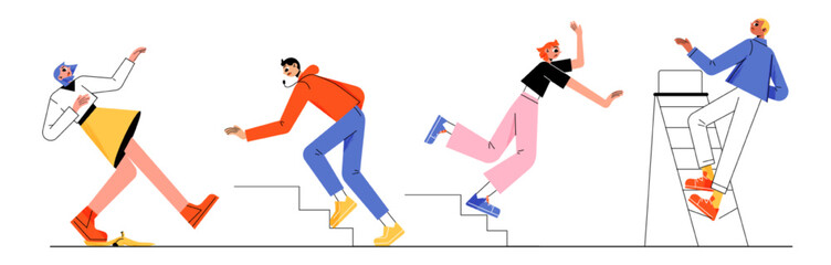 Falling people, clumsy male and female characters fall down from stairs, stumble, slipping on banana peel. Accident, injury, danger, risk, bad luck, misfortune Linear cartoon flat vector illustration - obrazy, fototapety, plakaty