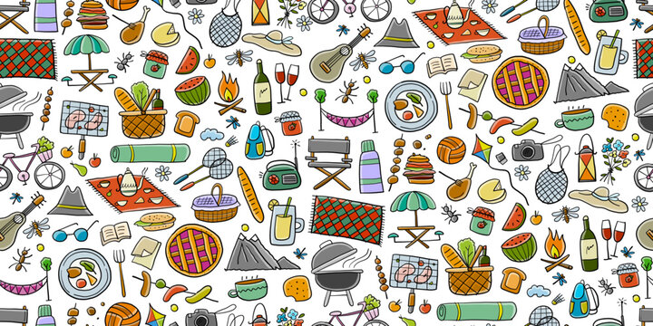 Picnic day. Seamless pattern for your design. Outdoor relax elements - Basket, drinks, food, game, sport. Vector illustration