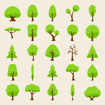 tree vector silhouette icons flat style for natural product store, garden, nature cosmetics, ecology company, naturally firm, organic shop, alternative medicine, green unity, farming. 10 eps