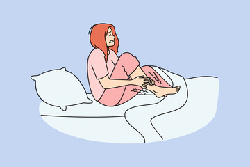 Unhappy woman in bed at night suffer from restless leg syndrome. Unhealthy female struggle with cramp. Healthcare concept. Vector illustration. 