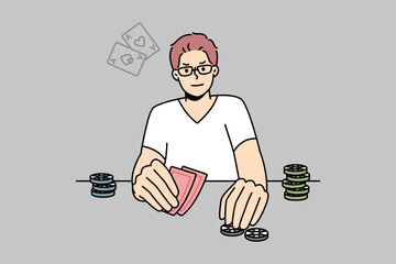 Young man playing poker. Male gamer engaged in gambling enjoy card game at table. Vector illustration.  - obrazy, fototapety, plakaty