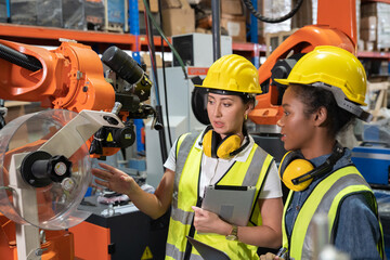 Women Engineer wearing helmet and hi visible vest using laptop computer working in factory welding robotic automation happy smiling with quality control and programming pass 
