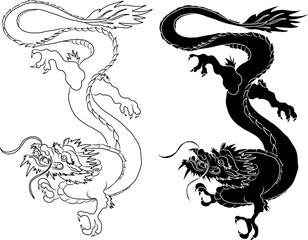 Japanese red dragon tattoo.Dragon on red background for Chinese New Year.Gold Chinese Dragon vector.Gold line art King Dragon tattoo.cartoon vector for t-shirt.