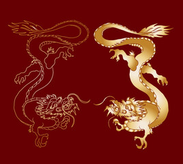 Japanese red dragon tattoo.Dragon on red background for Chinese New Year.Gold Chinese Dragon vector.Gold line art King Dragon tattoo.cartoon vector for t-shirt.