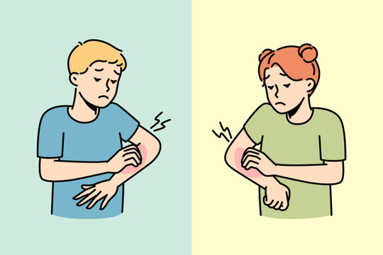 Small kids scratch arms suffer from seasonal allergy outdoors. Children feel itchy struggle with dermatitis or insect bite. Healthcare. Vector illustration. 