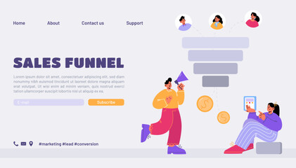 Obraz na płótnie Canvas Sales funnel landing page, business characters with loudspeaker and filter. Digital marketing, lead generations strategy, buyers, conversion, rate optimization concept, Line art flat vector web banner