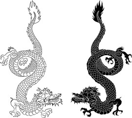 Japanese red dragon tattoo.Dragon on red background for Chinese New Year.Gold Chinese Dragon vector.Gold line art King Dragon tattoo.cartoon vector for t-shirt.