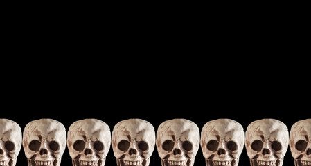 Banner with skulls border on black background. Halloween holiday or anatomy concept. Copy space....