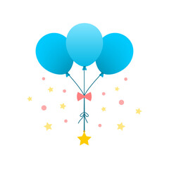 Blue balloon with pink ribbon hanging stars and circle foil celebrate party decoration on white background flat vector design.