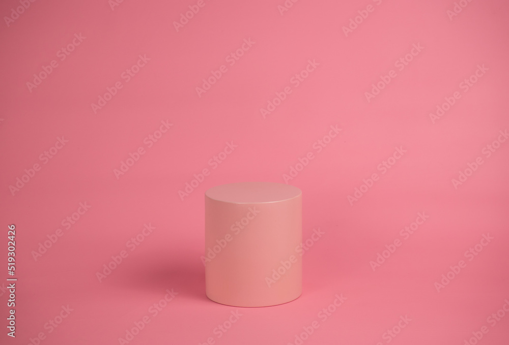 Poster empty podium for display cosmetic product. platform arrangement in pink pastel color in trendy minim
