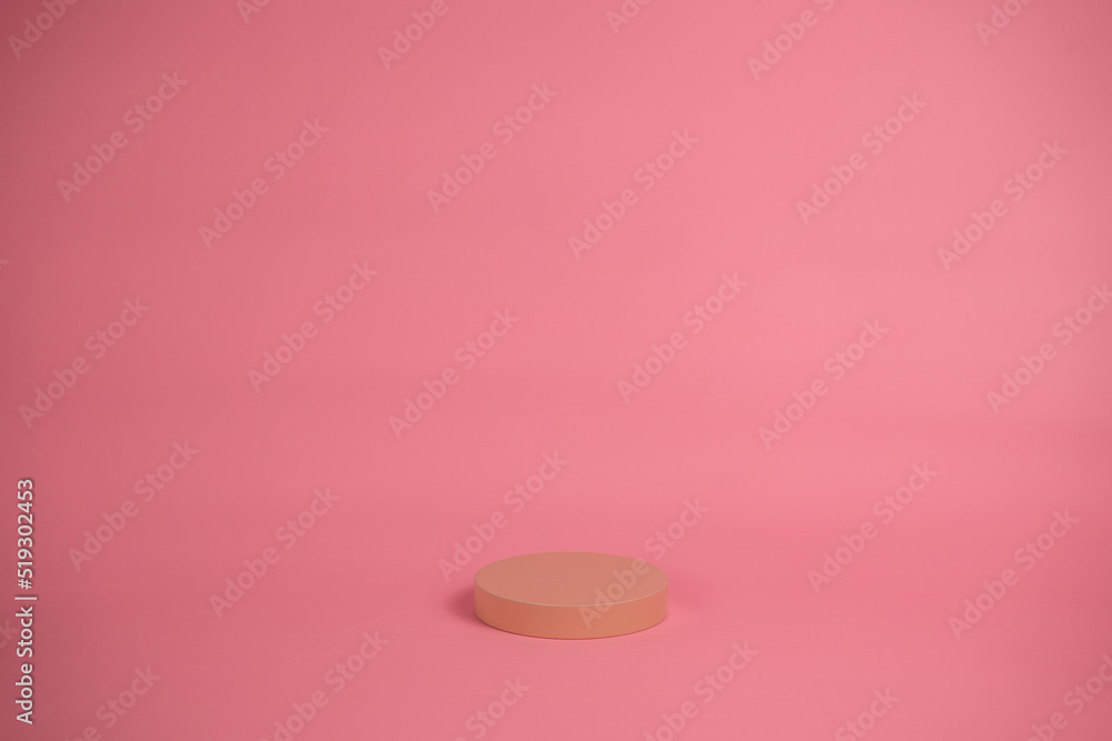 Poster empty podium for display cosmetic product. platform arrangement in pink pastel color in trendy minim