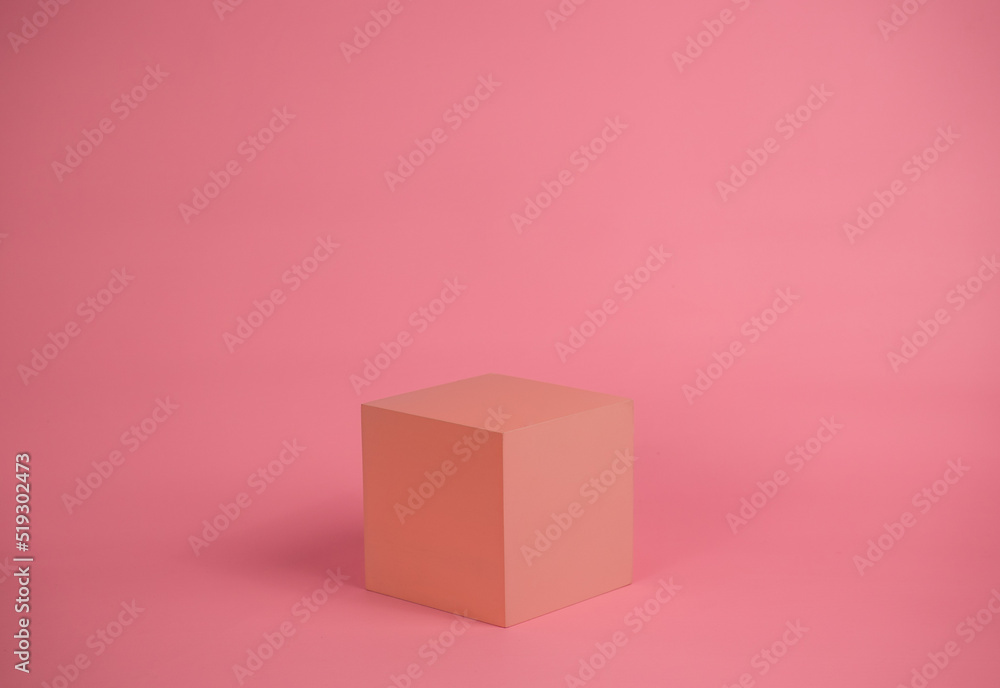 Poster empty podium for display cosmetic product. platform arrangement in pink pastel color in trendy minim