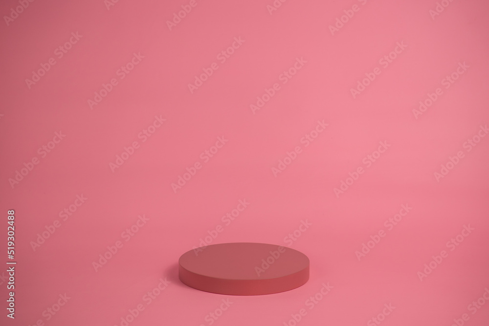 Poster empty podium for display cosmetic product. platform arrangement in pink pastel color in trendy minim