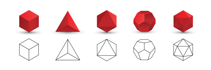 Set of red vector editable 3D platonic solids isolated on white background. Mathematical geometric figures such as cube, tetrahedron, octahedron, dodecahedron, icosahedron. Icon, logo, button.