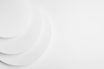 White abstract geometric background with fly soft light white circles and semicircle stepped...