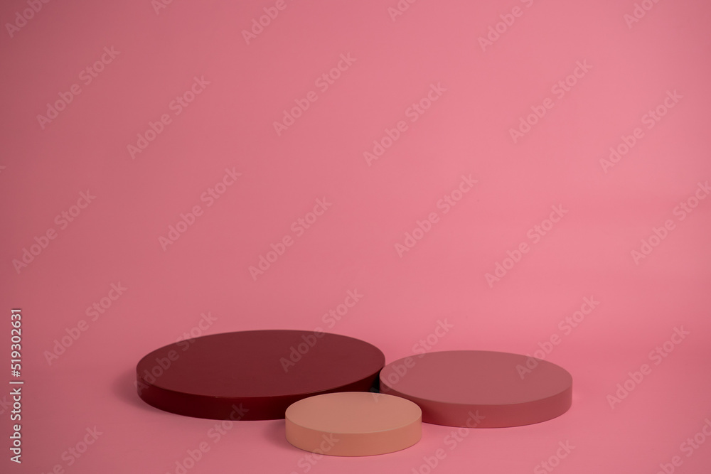 Poster empty podium for display cosmetic product. platform arrangement in pink pastel color in trendy minim