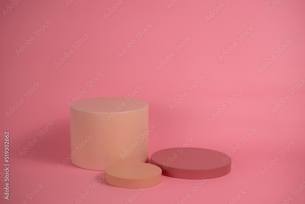 Poster empty podium for display cosmetic product. platform arrangement in pink pastel color in trendy minim