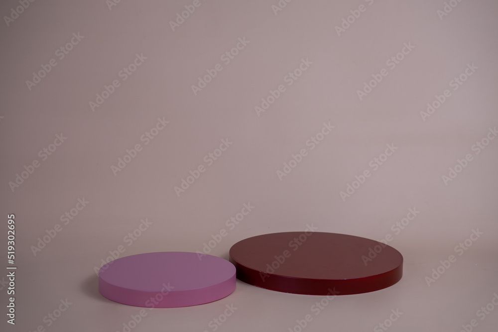 Poster empty podium for display cosmetic product. platform arrangement in pink pastel color in trendy minim