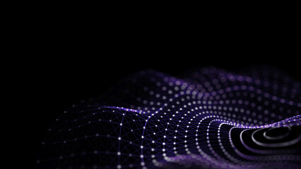 Futuristic dark background. The ripple effect of a web of purple lines. Big data. Illustration of technologies and artificial intelligence. The effect of particle oscillation. 3D rendering.