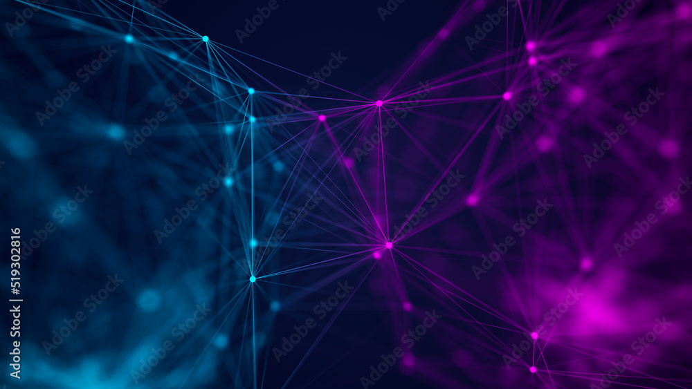 Poster abstract dark background with moving lines and dots. data transmission. visualization of the connect