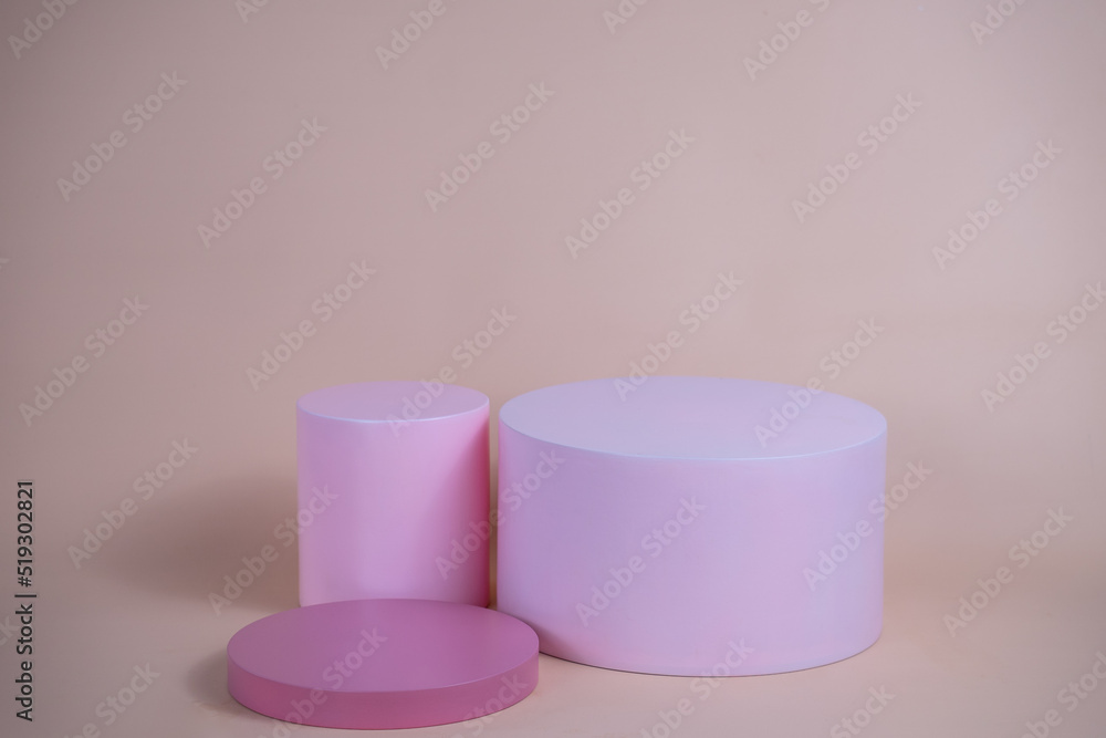 Poster empty podium for display cosmetic product. platform arrangement in pink pastel color in trendy minim