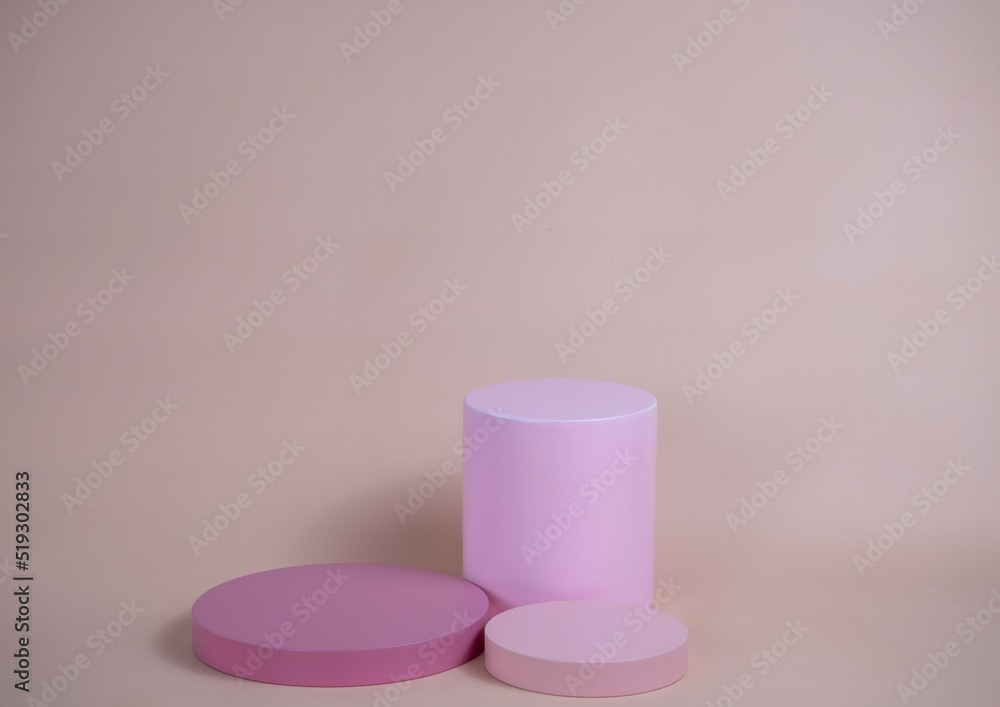Poster empty podium for display cosmetic product. platform arrangement in pink pastel color in trendy minim