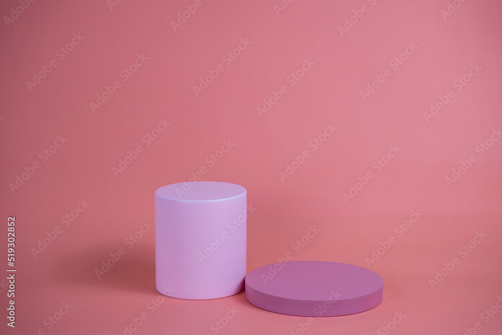 Poster empty podium for display cosmetic product. platform arrangement in pink pastel color in trendy minim