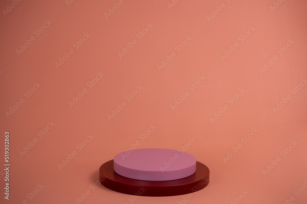 Poster empty podium for display cosmetic product. platform arrangement in pink pastel color in trendy minim