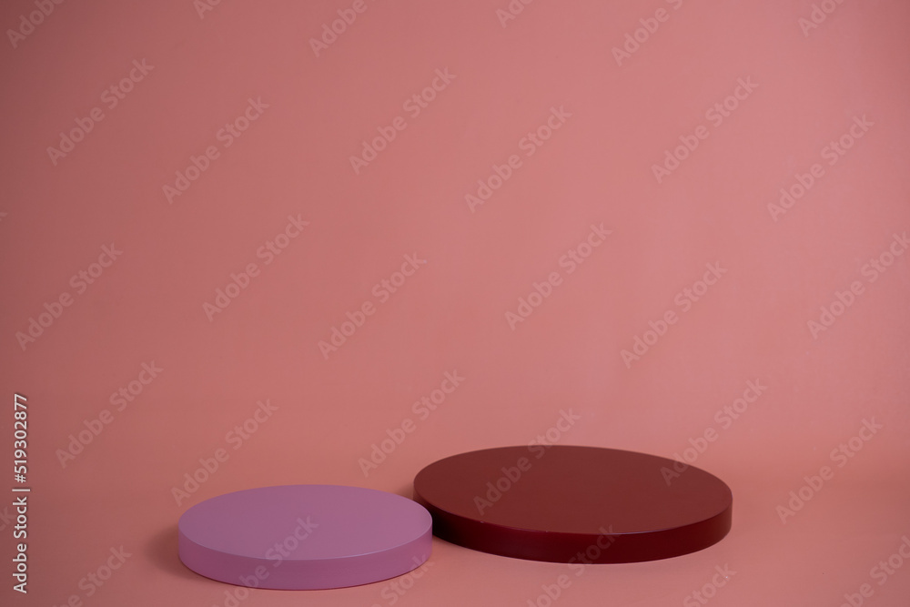 Poster empty podium for display cosmetic product. platform arrangement in pink pastel color in trendy minim